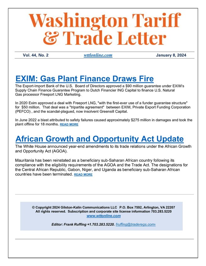 Vol. 44, No. 1. January 8, 2024 - Washington Trade & Tariff Letter